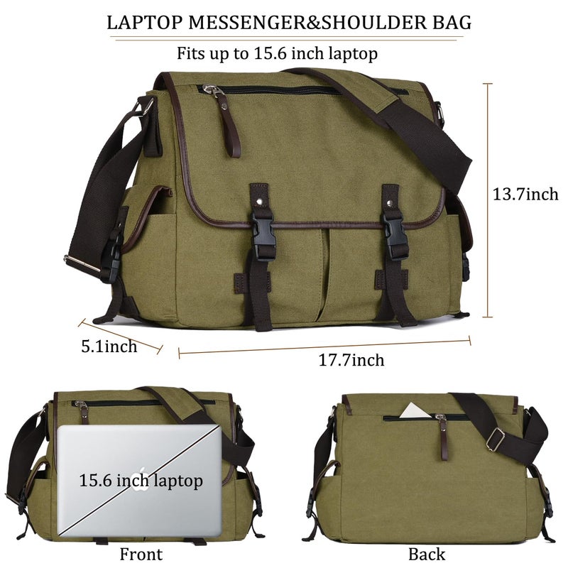 CROCOD Vintage Canvas 15.6 inch Laptop Messenger Bag for Men Women, College Computer Satchel Shoulder Bag Travel Office Briefcases (Green) - Image 3