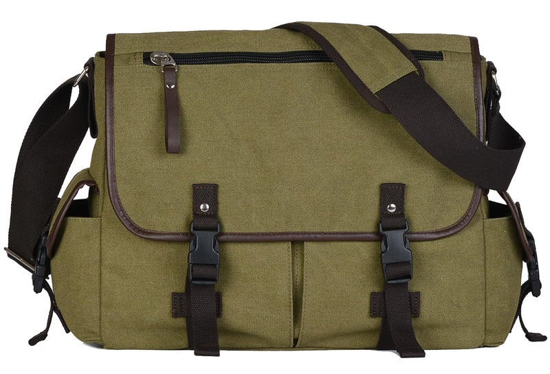 CROCOD Vintage Canvas 15.6 inch Laptop Messenger Bag for Men Women, College Computer Satchel Shoulder Bag Travel Office Briefcases (Green) - Image 1