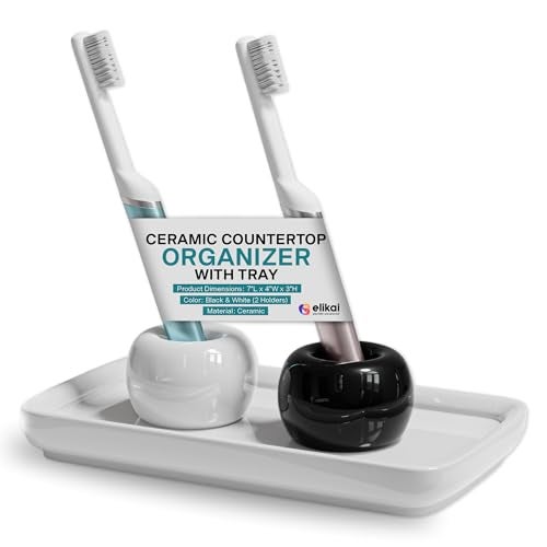 ELIKAI Ceramic Toothbrush Holder Set with Tray, Countertop Organizer for Bathroom, Storage Solution for Toothbrushes, Bathroom Accessories – Black/White – 2 Pack - Image 1