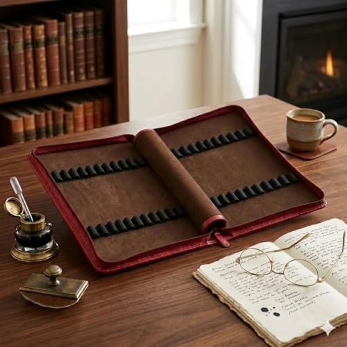 essart Premium PU Leather Men's & Women's Pen case Organizer Pen Case Pencil Case - Zippered Pen Pencil Bag Pouch for School, Work & Office Marker Case Organizer Colour Croco-Maroon - Image 2