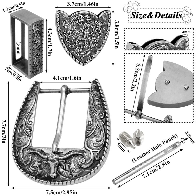 RechicGu 3Pcs Western Replacement Belt Buckles 1.5"(38mm) LongHorn Bull Engraved Single Prong Square Buckle Vintage Cowboy Rodeo Reversible Belt Accessory for Men Women Silver - Image 3