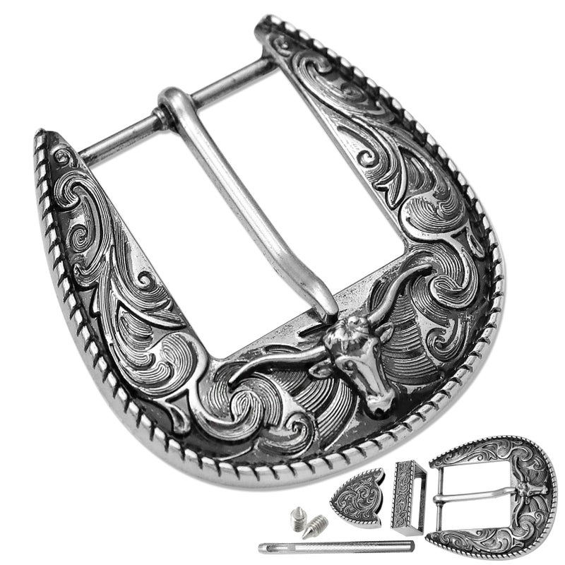 RechicGu 3Pcs Western Replacement Belt Buckles 1.5"(38mm) LongHorn Bull Engraved Single Prong Square Buckle Vintage Cowboy Rodeo Reversible Belt Accessory for Men Women Silver - Image 1