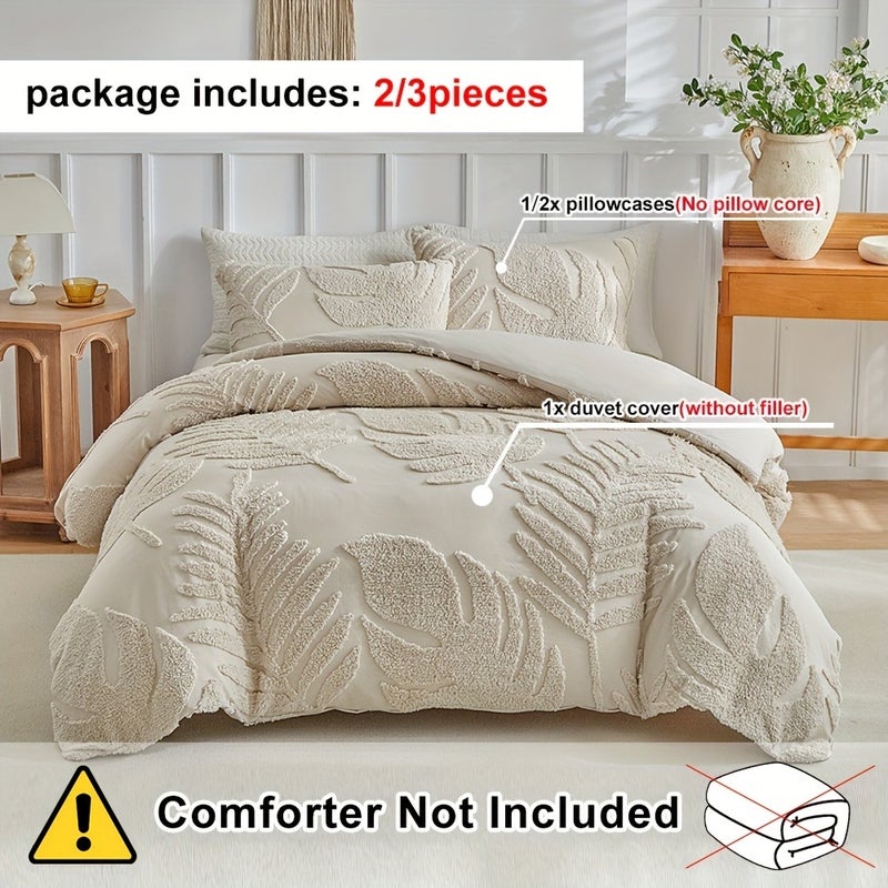 3D Leaf Pattern Duvet Cover Set 2/3pcs Set - High-Quality Tufted Craft, Distressed Style Washable Bedding, Soft Breathable Khaki Bedroom Decor, Multi-Size Available, All-Season Bedding - Image 4