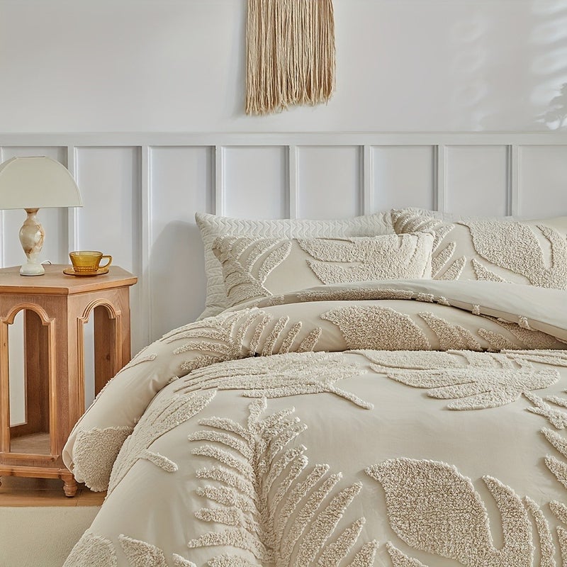 3D Leaf Pattern Duvet Cover Set 2/3pcs Set - High-Quality Tufted Craft, Distressed Style Washable Bedding, Soft Breathable Khaki Bedroom Decor, Multi-Size Available, All-Season Bedding - Image 5