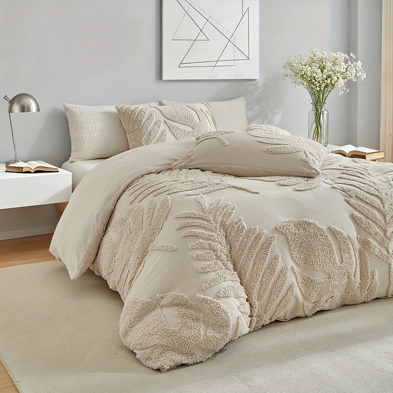 3D Leaf Pattern Duvet Cover Set 2/3pcs Set - High-Quality Tufted Craft, Distressed Style Washable Bedding, Soft Breathable Khaki Bedroom Decor, Multi-Size Available, All-Season Bedding - Image 2