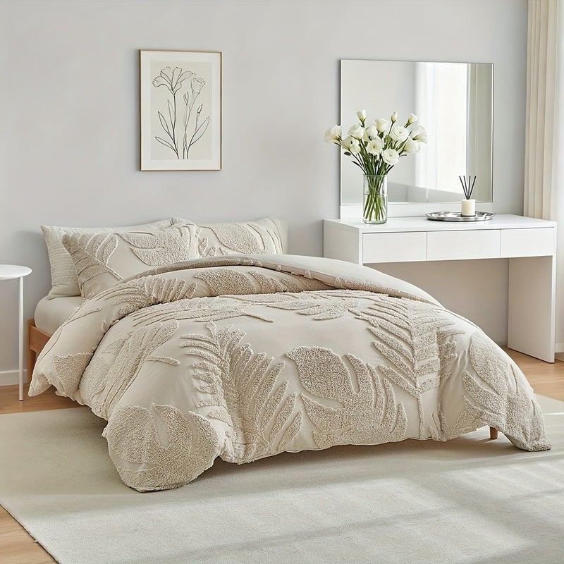 3D Leaf Pattern Duvet Cover Set 2/3pcs Set - High-Quality Tufted Craft, Distressed Style Washable Bedding, Soft Breathable Khaki Bedroom Decor, Multi-Size Available, All-Season Bedding - Image 3