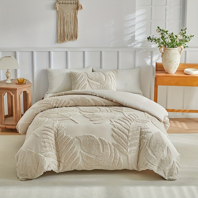 3D Leaf Pattern Duvet Cover Set 2/3pcs Set - High-Quality Tufted Craft, Distressed Style Washable Bedding, Soft Breathable Khaki Bedroom Decor, Multi-Size Available, All-Season Bedding - Image 1