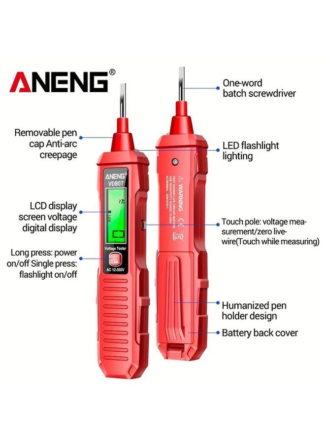 ANENG VD807 قلم كاشف الجهد الرقمي الأحمر 12-300 فولت تيار متردد اختبار عدم التلامس شاشة LCD عرض - Image 3