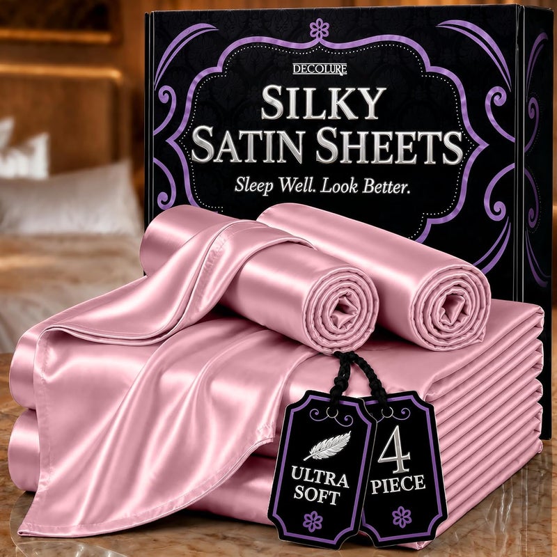 DECOLURE Satin Sheets King Size Set 4 Pcs - Silky & Luxuriously Soft Satin Bed Sheets w/ 15 inch Deep Pocket - Double Stitching, Wrinkle Free (Pink) - Image 1
