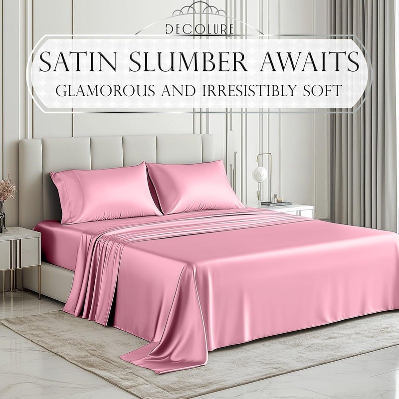 DECOLURE Satin Sheets King Size Set 4 Pcs - Silky & Luxuriously Soft Satin Bed Sheets w/ 15 inch Deep Pocket - Double Stitching, Wrinkle Free (Pink) - Image 2