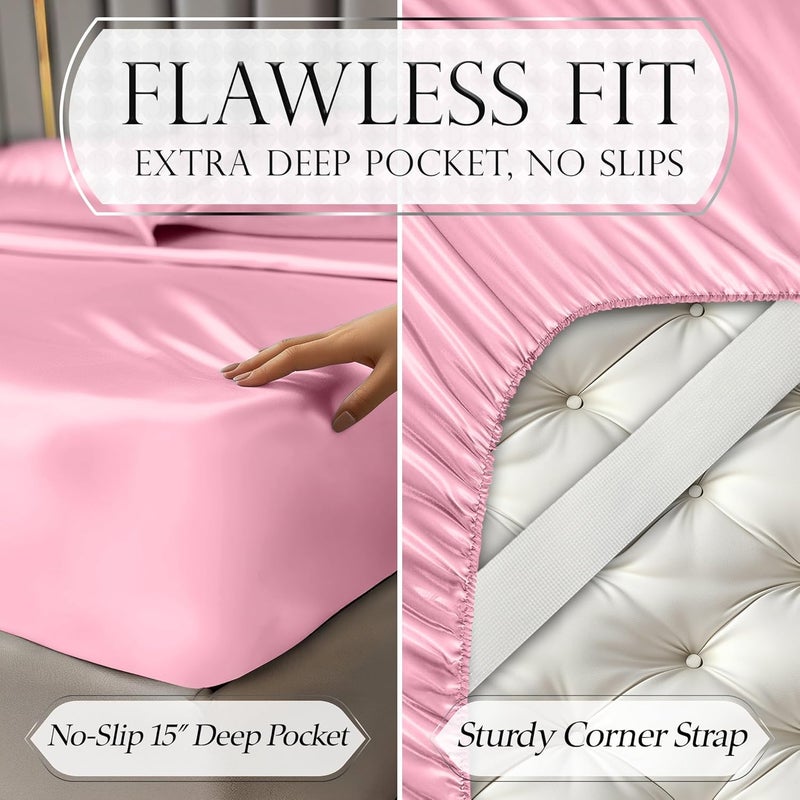 DECOLURE Satin Sheets King Size Set 4 Pcs - Silky & Luxuriously Soft Satin Bed Sheets w/ 15 inch Deep Pocket - Double Stitching, Wrinkle Free (Pink) - Image 5