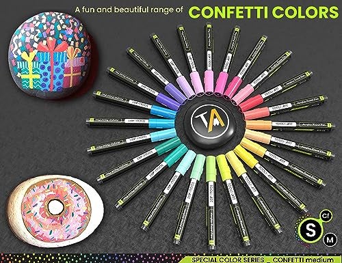 TOOLI-ART 24 Confetti Colors Acrylic Paint Pens Markers Set 3mm Medium Tip, Rock Painting, Glass, Mugs, Wood, Metal, Canvas, Pottery, Plastic, DIY Projects, Illustration. Non Toxic, Waterbased, Quick Drying - Image 3