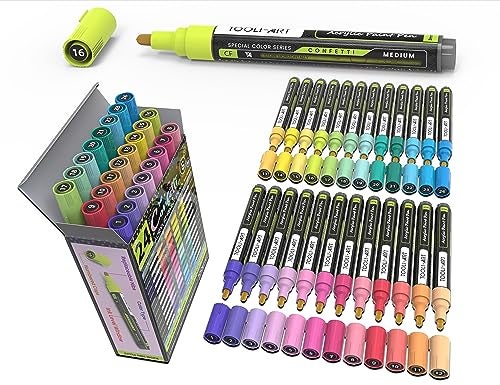 TOOLI-ART 24 Confetti Colors Acrylic Paint Pens Markers Set 3mm Medium Tip, Rock Painting, Glass, Mugs, Wood, Metal, Canvas, Pottery, Plastic, DIY Projects, Illustration. Non Toxic, Waterbased, Quick Drying - Image 1