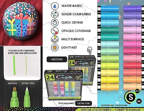 TOOLI-ART 24 Confetti Colors Acrylic Paint Pens Markers Set 3mm Medium Tip, Rock Painting, Glass, Mugs, Wood, Metal, Canvas, Pottery, Plastic, DIY Projects, Illustration. Non Toxic, Waterbased, Quick Drying - Image 5