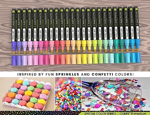 TOOLI-ART 24 Confetti Colors Acrylic Paint Pens Markers Set 3mm Medium Tip, Rock Painting, Glass, Mugs, Wood, Metal, Canvas, Pottery, Plastic, DIY Projects, Illustration. Non Toxic, Waterbased, Quick Drying - Image 4