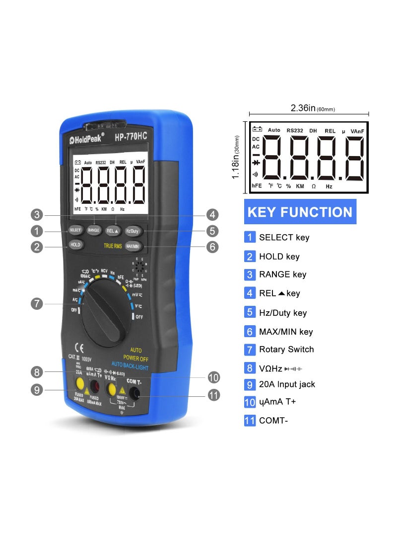 HoldPeak - Digital Multimeter 6000 Counts Auto Range overload protection MultiMeter Black/Blue - Image 1