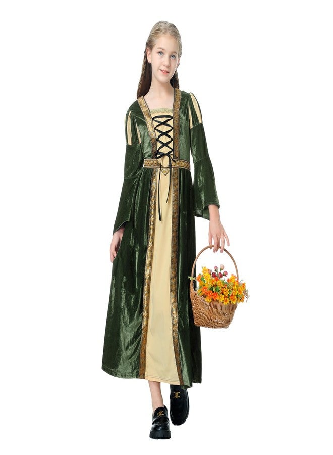 AGCOAH Girls Medieval Princess Costume Renaissance Dress Girls Fairy Custom Aurora Costume (Puttee-Dark Green-10-12Y) - Image 1