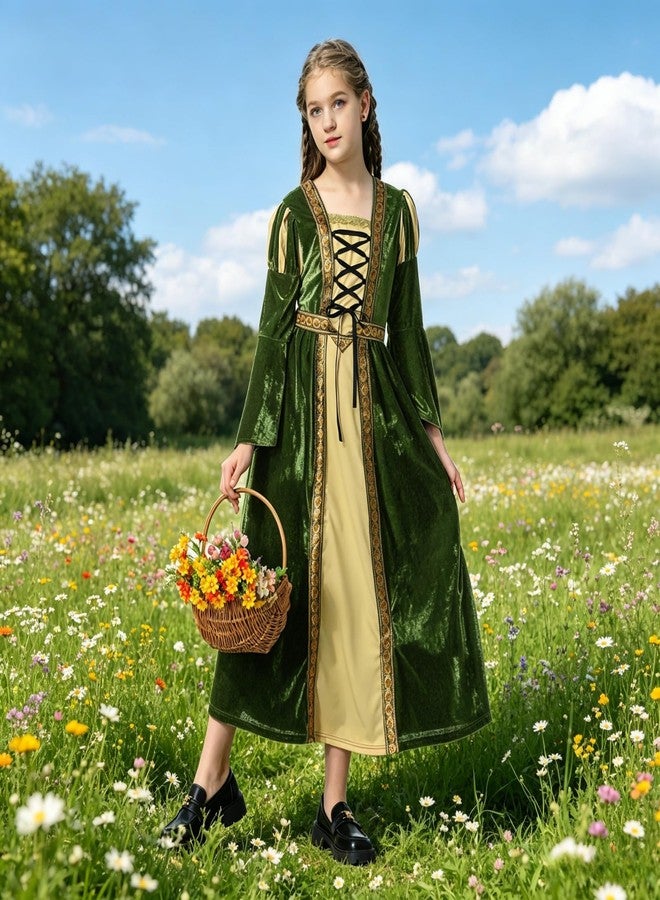 AGCOAH Girls Medieval Princess Costume Renaissance Dress Girls Fairy Custom Aurora Costume (Puttee-Dark Green-10-12Y) - Image 5