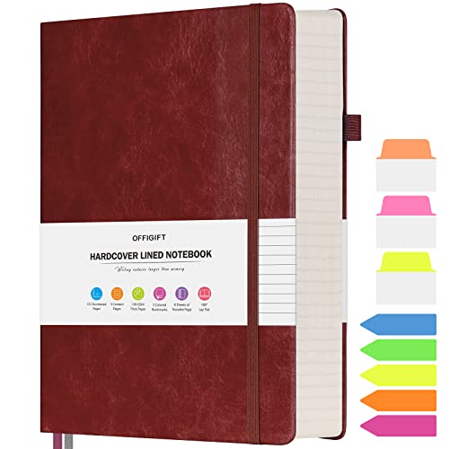 OFFIGIFT Lined Journal Notebook, Large A5 Hardcover Leather Journal, 312 Numbered Pages Work Notebook, 100gsm No Bleed Paper, College Ruled Notebook for Women Men School Office, 5.75" x 8.38", Burgundy - Image 1