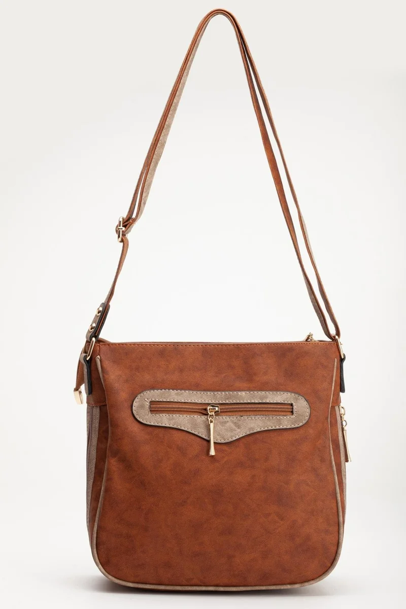 Dilimler Ayakkabı Tan Mink Women's Shoulder Bag with 2 Compartments Cover and Zipper