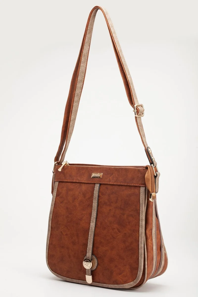 Dilimler Ayakkabı Tan Mink Women's Shoulder Bag with 2 Compartments Cover and Zipper