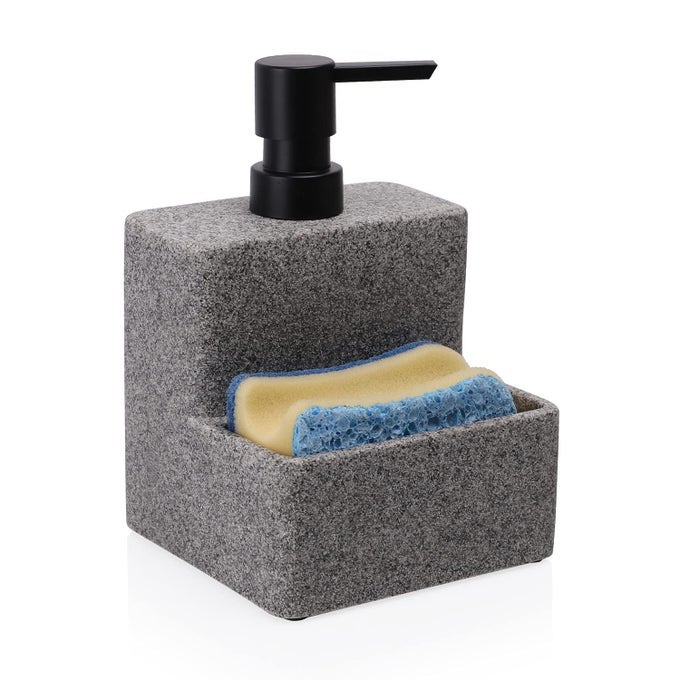 SOAP DISPENSER WITH SPONGE HOLDER LIQUID HAND AND DISH SOAP DISPENSER PUMP BOTTLE AND SPONGE HOLDER 2 IN 1 FOR KITCHEN SINK BATHROOM COUNTER STORAGE AND ORGANIZATION BLACK MARBLE LOOK