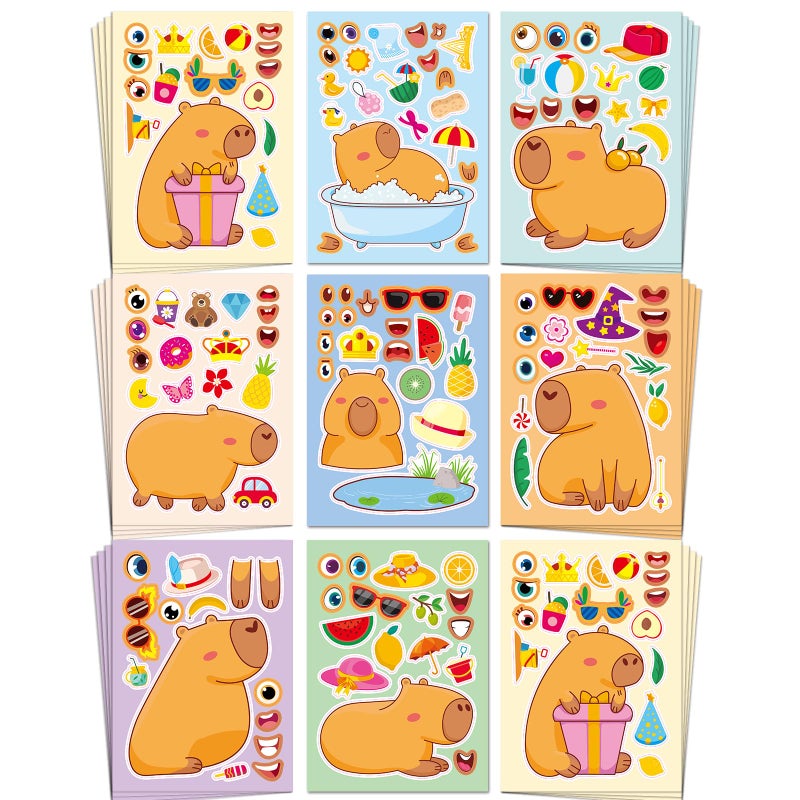 Aowplc Capybara Make-a-Face Stickers, 32 Sheets for Kidsâ€™ Crafts, Fun Capybara Party Favors & Birthday Decorations - Image 1