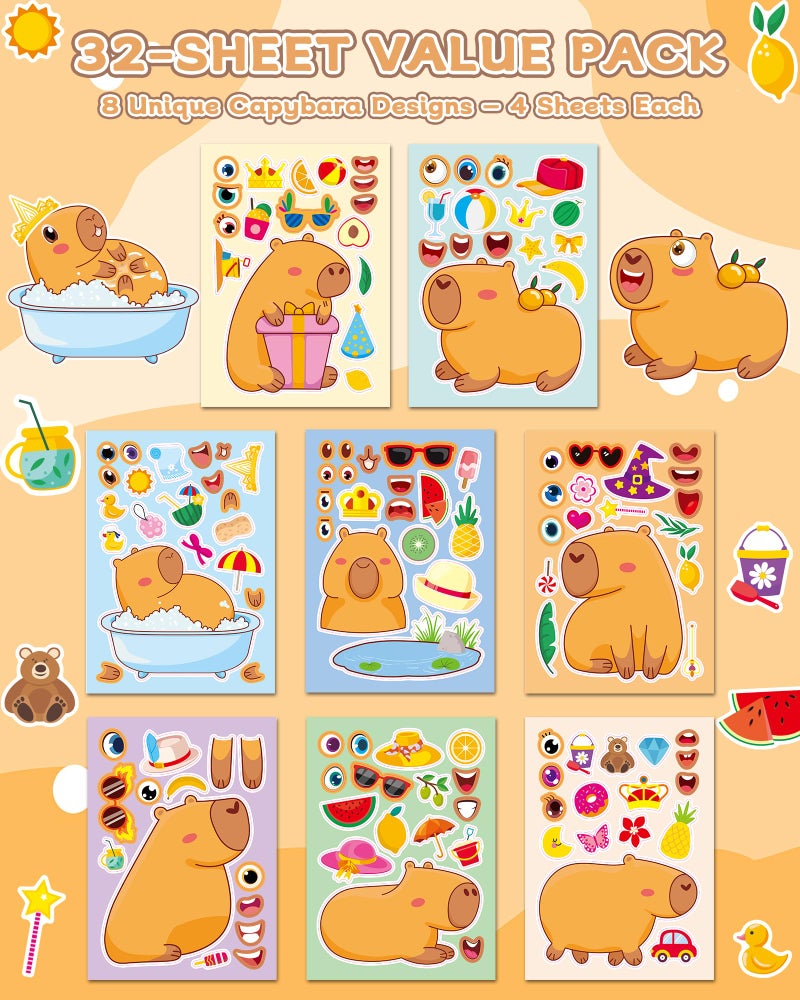 Aowplc Capybara Make-a-Face Stickers, 32 Sheets for Kidsâ€™ Crafts, Fun Capybara Party Favors & Birthday Decorations - Image 2