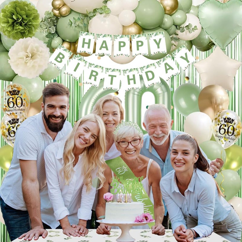 GYESXYW 60th Birthday Decorations for Woman, Sage Green 60th Bday Decorations Women Happy Birthday Banner Green Gold Balloons Crown Sash Fringe Curtain Tablecloth Cake Topper for Bday Decor - Image 4