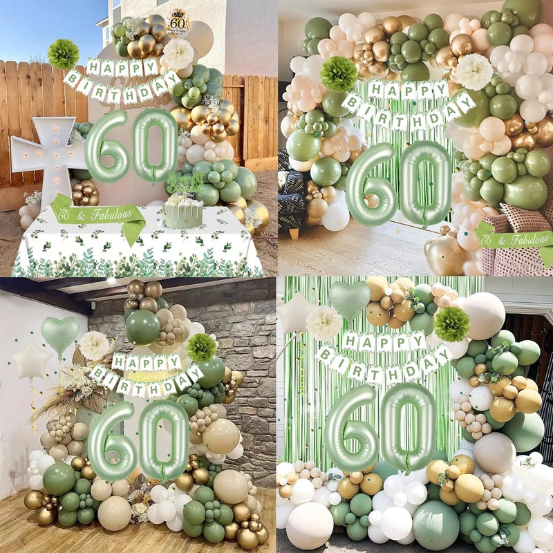 GYESXYW 60th Birthday Decorations for Woman, Sage Green 60th Bday Decorations Women Happy Birthday Banner Green Gold Balloons Crown Sash Fringe Curtain Tablecloth Cake Topper for Bday Decor - Image 5