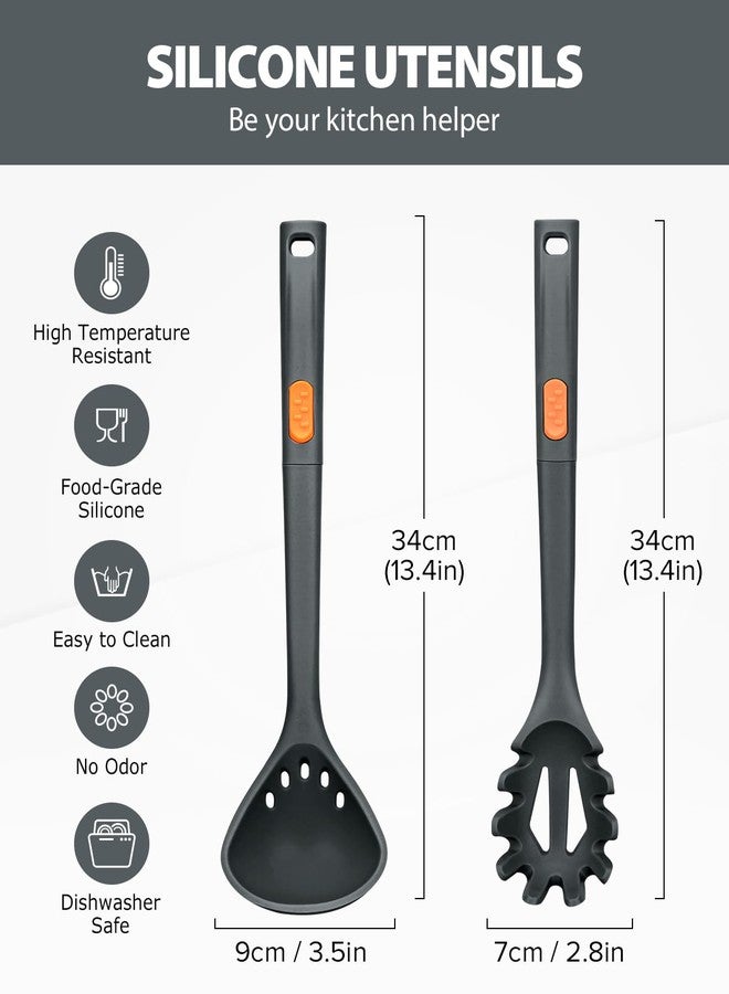 DaiRen Kitchen Silicone Pasta Fork and Ladle Spoon Set, Large Non Stick Kitchen Utensils for Cooking,Stirring,One Piece Serving Spaghetti, Soup, Sauce (GREY) - Image 2