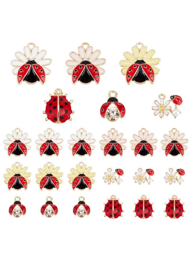 PH PandaHall - 24Pcs Ladybug Charms 6 Style Enamel Ladybug Flower Pendants Red Lady Beetle Pendants Ladybird Rhinestone Charm For Diy Bracelet Necklace Earring Jewelry Making Art Craft Decoration - Image 1