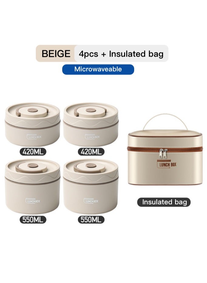 Leakproof Stainless Steel Lunch Box, Insulated Lunch Container with Cutlery and Insulated Bag for Kids Adults School Office Hot Water and Microwave Heating (4 Pack, Beige)  - Image 2