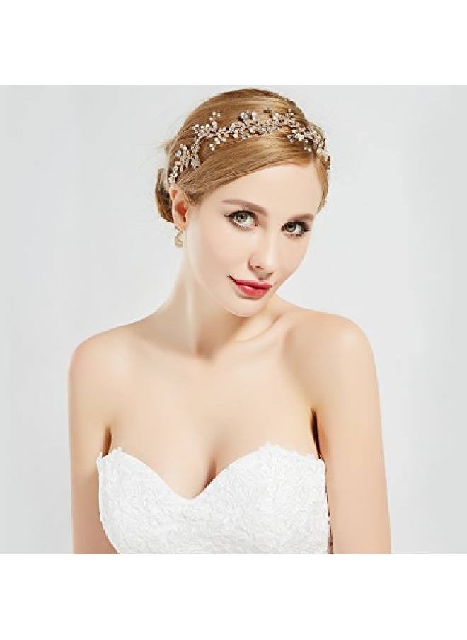 BABEYOND Crystal Wedding Headpiece Hair Vine Bridal Headband Bridesmaid Hairband Crystal Floral Leaf Forehead Band With Lace Ribbon (Gold)  - Image 3