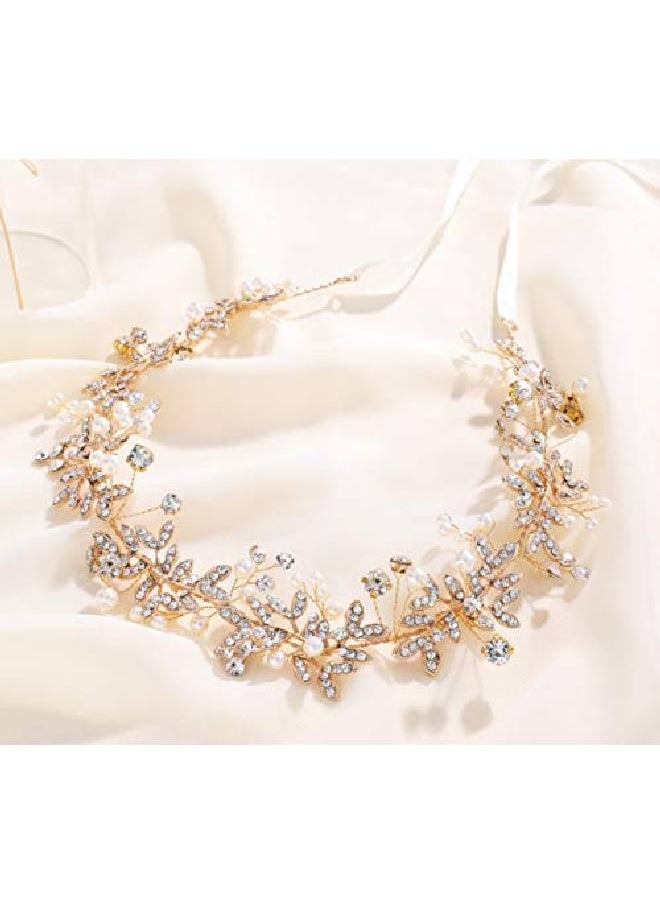 BABEYOND Crystal Wedding Headpiece Hair Vine Bridal Headband Bridesmaid Hairband Crystal Floral Leaf Forehead Band With Lace Ribbon (Gold)  - Image 4