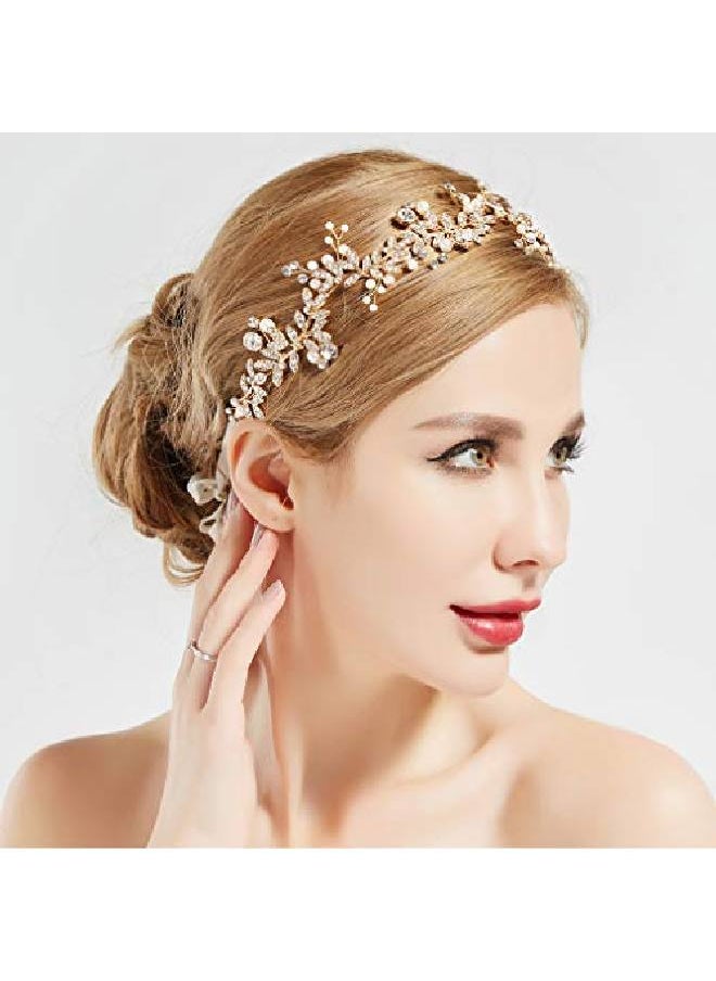 BABEYOND Crystal Wedding Headpiece Hair Vine Bridal Headband Bridesmaid Hairband Crystal Floral Leaf Forehead Band With Lace Ribbon (Gold)  - Image 1
