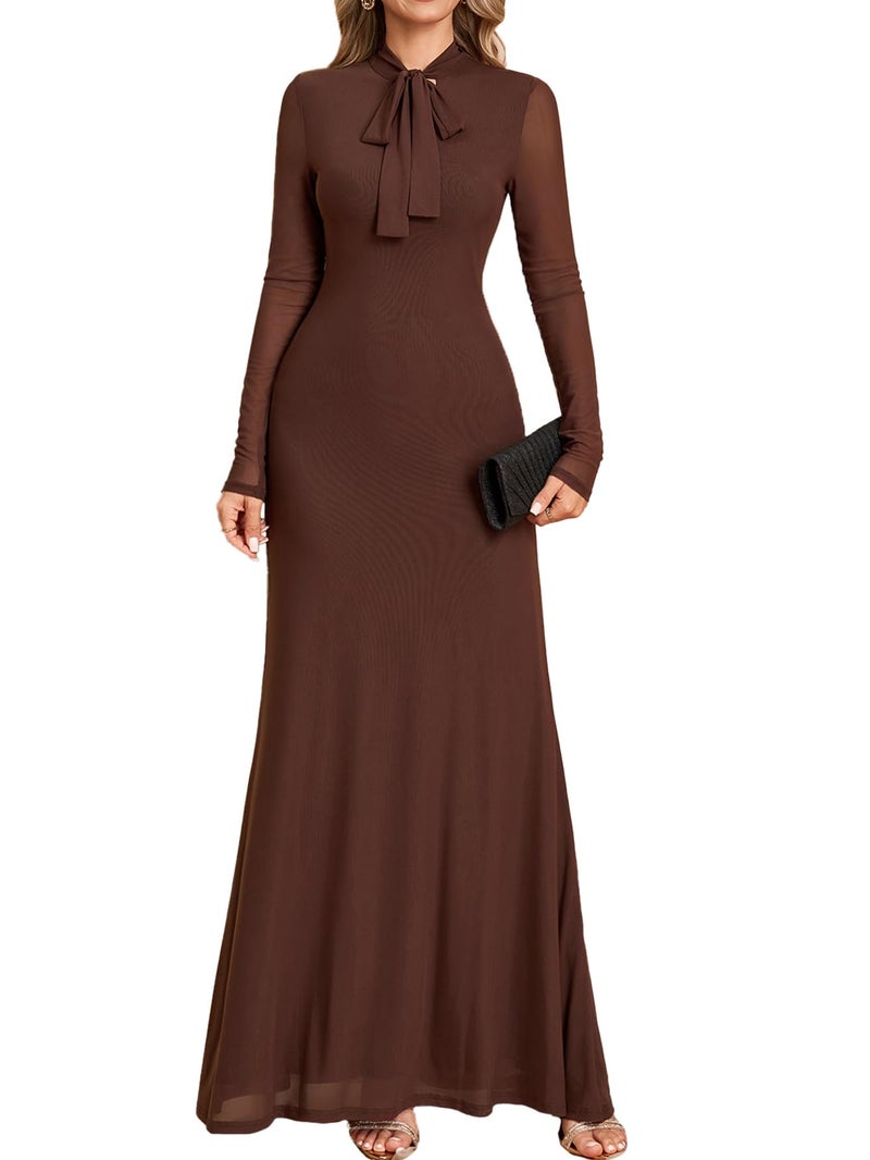 HTZMO Women Fall Long Sleeve Bow Tie Neck Formal Maxi Dresses A Line Flowy Wedding Guest Party Elegant Long Dresses Brown M - Image 1
