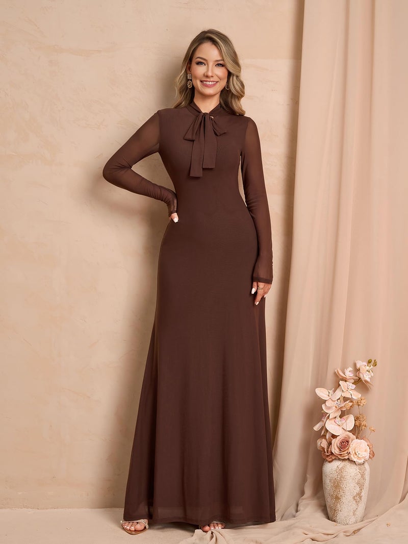 HTZMO Women Fall Long Sleeve Bow Tie Neck Formal Maxi Dresses A Line Flowy Wedding Guest Party Elegant Long Dresses Brown M - Image 3
