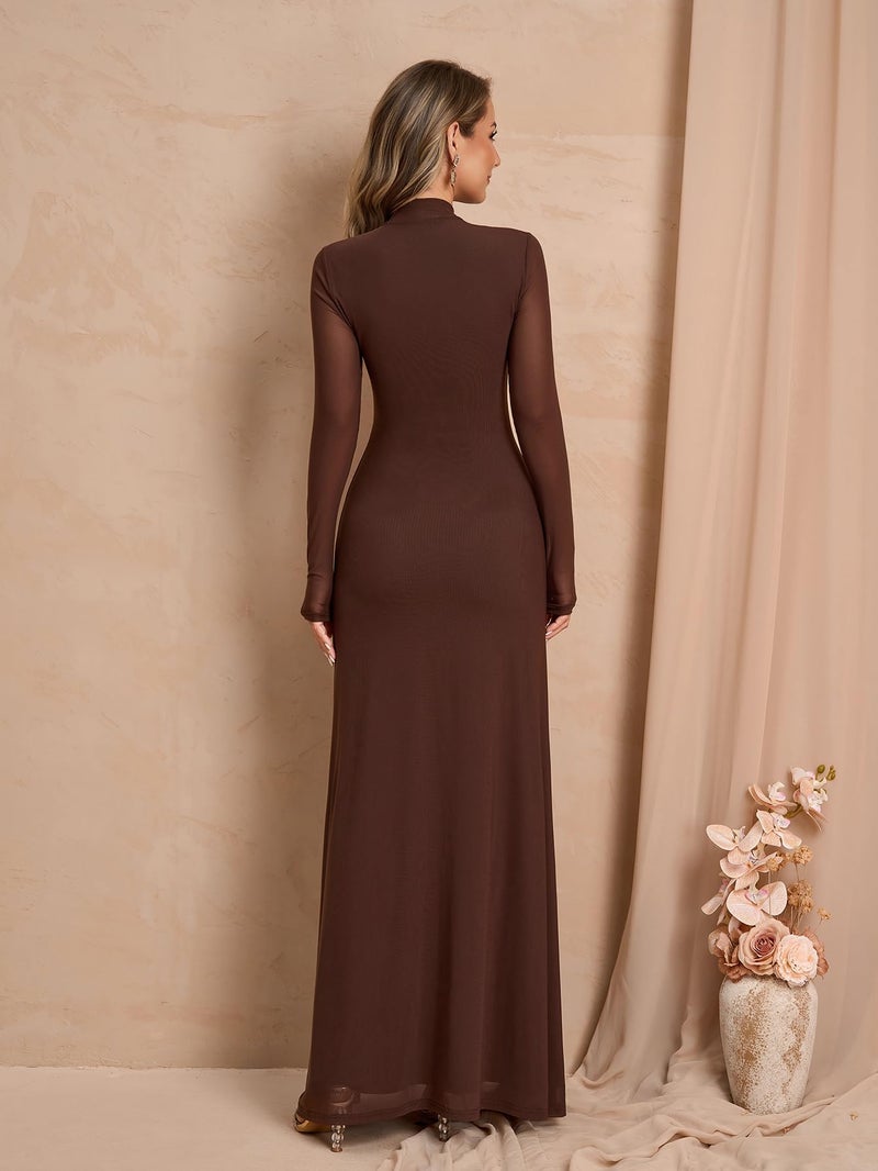 HTZMO Women Fall Long Sleeve Bow Tie Neck Formal Maxi Dresses A Line Flowy Wedding Guest Party Elegant Long Dresses Brown M - Image 2