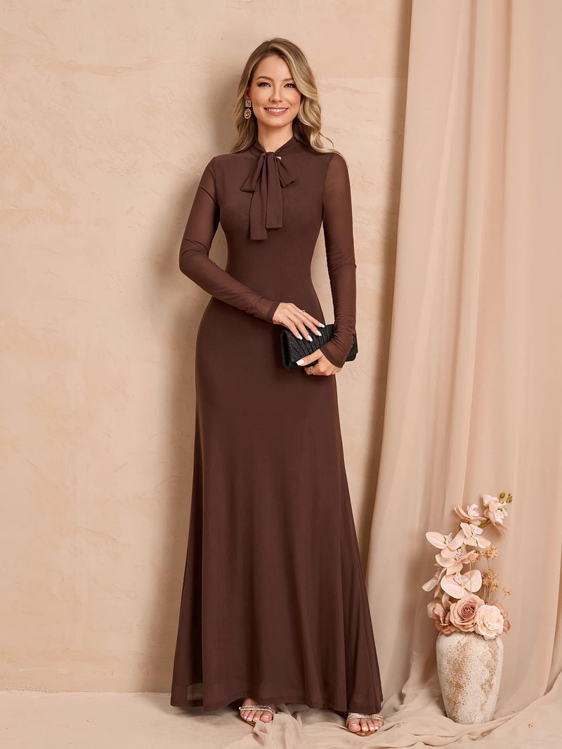 HTZMO Women Fall Long Sleeve Bow Tie Neck Formal Maxi Dresses A Line Flowy Wedding Guest Party Elegant Long Dresses Brown M - Image 4