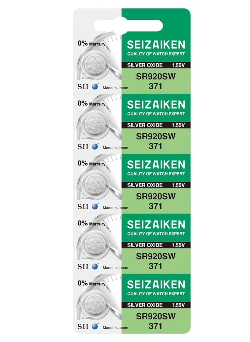 سيزايكن Seizaiken 371 (SR920SW) 0%Mercury Silver Oxide 1.55V Japan Batteries - 5 Pieces 