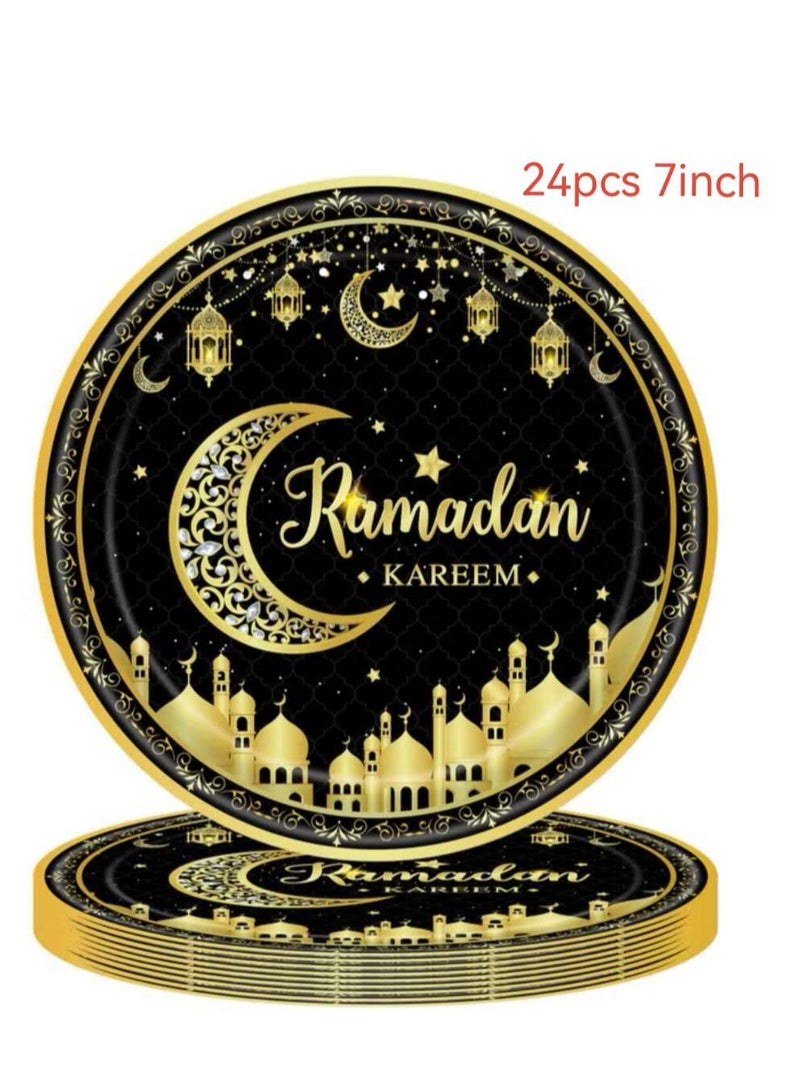 206 Pieces Ramadan Kareem Party Paper Tableware Set with Ramadan Mubarak Foil Balloon Set for Home and Ramadan Decoration for 24 Guests Black and Gold - Image 3