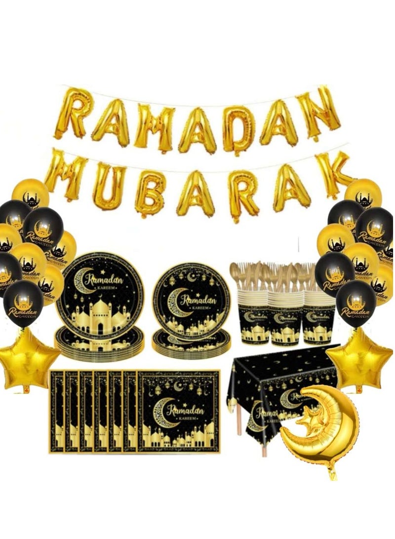 206 Pieces Ramadan Kareem Party Paper Tableware Set with Ramadan Mubarak Foil Balloon Set for Home and Ramadan Decoration for 24 Guests Black and Gold - Image 1