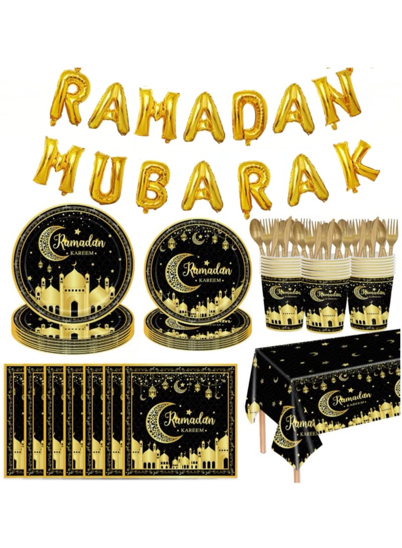 206 Pieces Ramadan Kareem Party Paper Tableware Set with Ramadan Mubarak Foil Balloon Set for Home and Ramadan Decoration for 24 Guests Black and Gold - Image 2