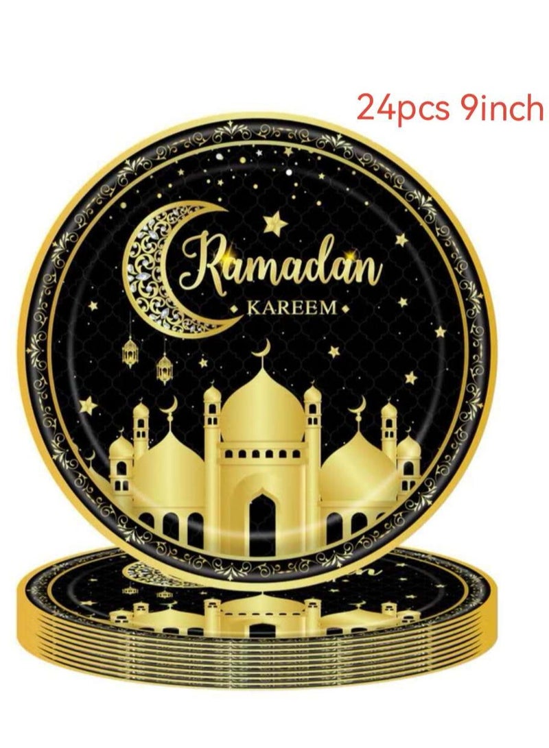 206 Pieces Ramadan Kareem Party Paper Tableware Set with Ramadan Mubarak Foil Balloon Set for Home and Ramadan Decoration for 24 Guests Black and Gold - Image 4