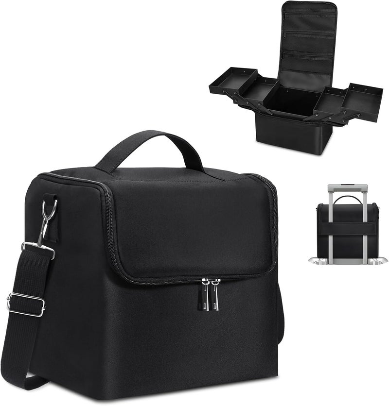 Large Makeup Carrying Train Case for Women, Black Travel Bag Storage Box,4 Tier Professional Nail Organizer Case with Adjustable Dividers for Nail Tools Jewelry MakeUp Brushes