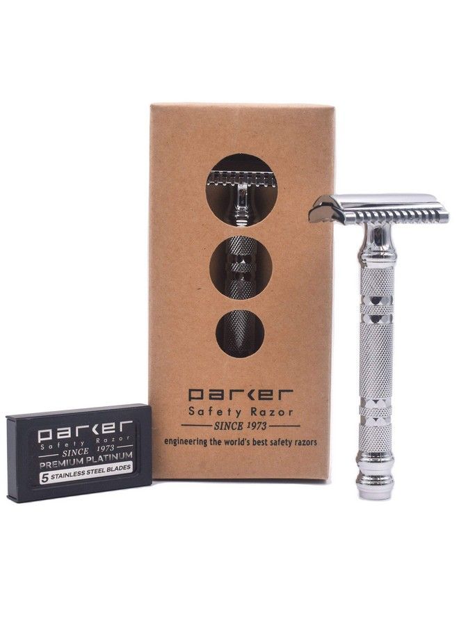 Parker Safety Razor Parker 24C Three Piece Open Comb Double Edge Razor With Heavyweight Brass Frame Handle 5 Premium Parker Safety Razor Blades Included - Image 1
