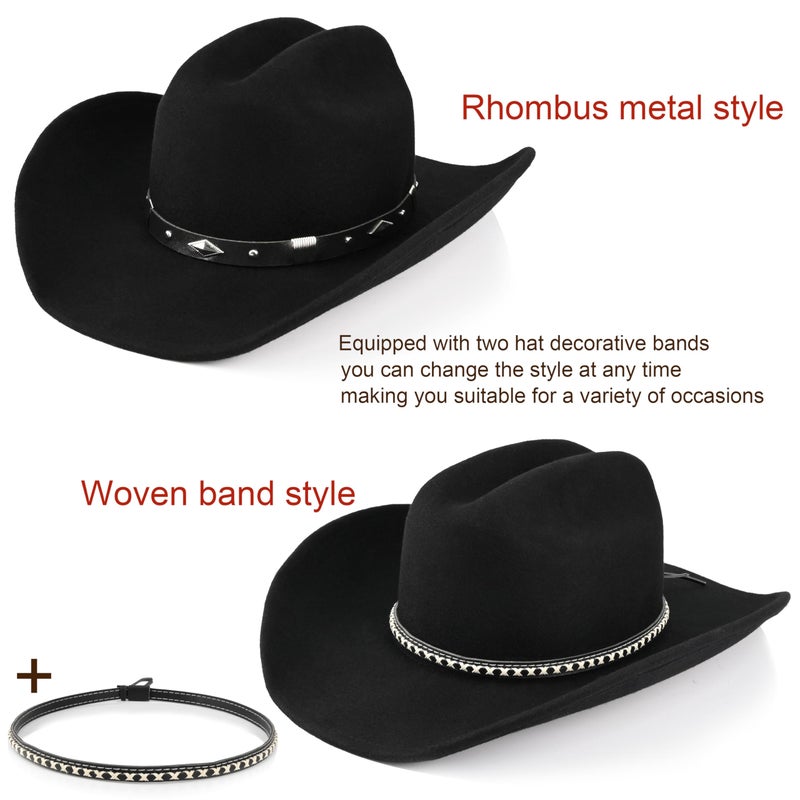 Foeran 100% Wool Western Cowboy Hat for Men's Women's Classic Fedora Hat Felt Cowgirls Hats with Two Decorative Bands (US, Alpha, Large, X-Large, Black-B) - Image 3