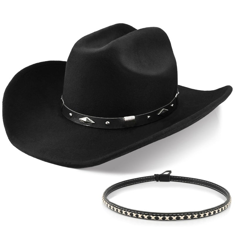 Foeran 100% Wool Western Cowboy Hat for Men's Women's Classic Fedora Hat Felt Cowgirls Hats with Two Decorative Bands (US, Alpha, Large, X-Large, Black-B) - Image 1