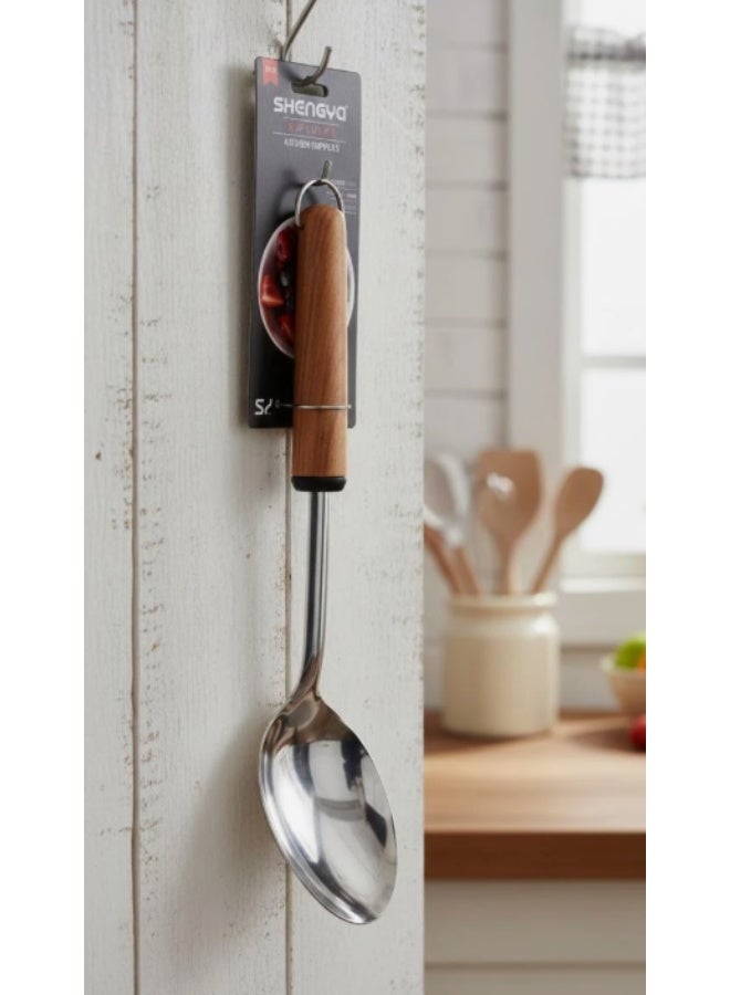 شنغيا ملعقة تقديم من الفولاذ المقاوم للصدأ من شينغيا بمقبض خشبي - أدوات مائدة أنيقة وعملية (33 سم) - Image 2